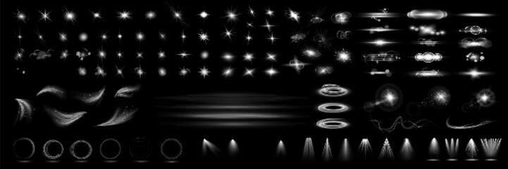 Glow isolated white transparent light effect set, glitter, line, sun flash, dust, stars, sunlight, spotlight, swirl, spiral, portal or tunnel, rings. Abstract special effect.