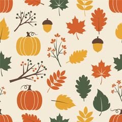 Decorative fall pattern featuring pumpkins, foliage, and acorns in a flat, illustrative style, ideal for backgrounds or textile designs.