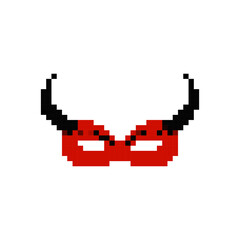 A mosaic pixel mask features red design with black devil horns in a retro game style.