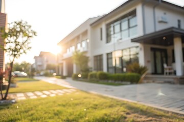 Modern Residential House with Bright Sunset and Lush Green Lawn in a Serene Neighborhood