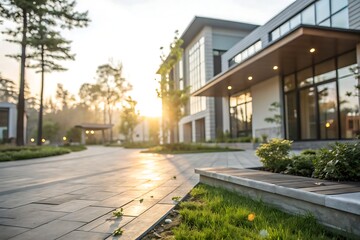 Naklejka premium Modern Architecture with Natural Landscape at Sunset in a Residential Neighborhood Setting