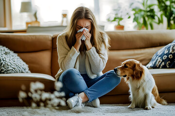 Woman sitting with dog at home. Animal allergy
