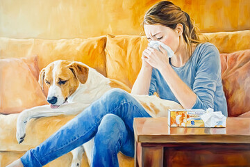 Woman sitting with dog at home. Animal allergy