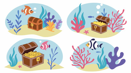 Fototapeta premium Vibrant cartoon underwater scenes with treasure chests, gold coins, colorful coral, playful fish, and sandy seabed. Whimsical ocean adventure for kids.