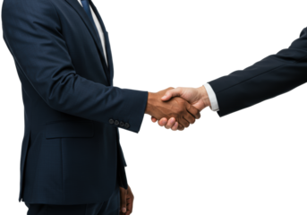Two adult professionals, one with darker skin, one lighter, in formal dark blue suits and white shirts, engaged in a firm, confident handshake on a transparent studio background with copy space.