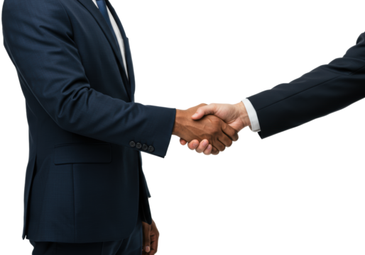 Two adult professionals, one with darker skin, one lighter, in formal dark blue suits and white shirts, engaged in a firm, confident handshake on a transparent studio background with copy space.