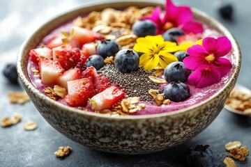 Colorful Smoothie Bowl with Berries, Granola and Edible Flowers