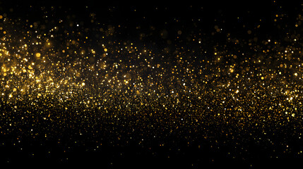 falling gold confetti overlay on dark black background, sparkling effect overlay for event designs, celebration or holiday atmosphere with glowing glitter, festive background for parties