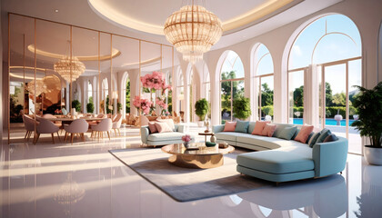 Obraz premium Ultra-Clean Symmetrical Living Room with Futuristic Reflections and Minimalist Design