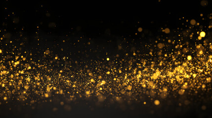 falling gold confetti overlay on dark black background, sparkling effect overlay for event designs, celebration or holiday atmosphere with glowing glitter, festive background for parties