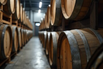 Wooden kegs stacked in brewery