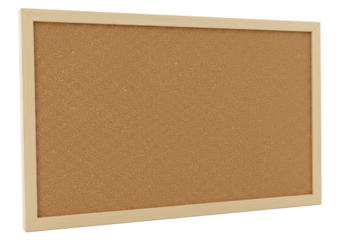 Pristine, empty rectangular cork bulletin board with light wooden frame against a transparent isolated background, bathed in uniform studio lighting, UHD product photography concept for e-commerce