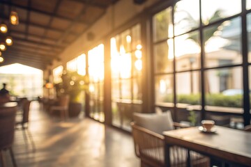 Fototapeta premium Warm and Inviting Coffee Shop Interior with Soft Focus and Sunset Glow
