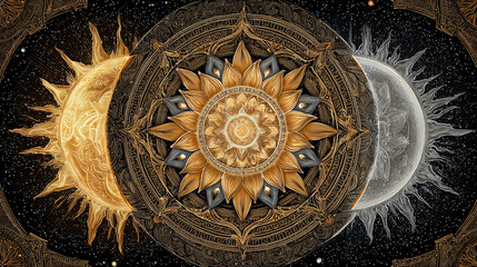 Intricate celestial mandala featuring sun moon and starry sky elegant artistic design