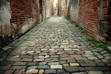 Rustic alley with red bricks and weathered cobblestone flooring