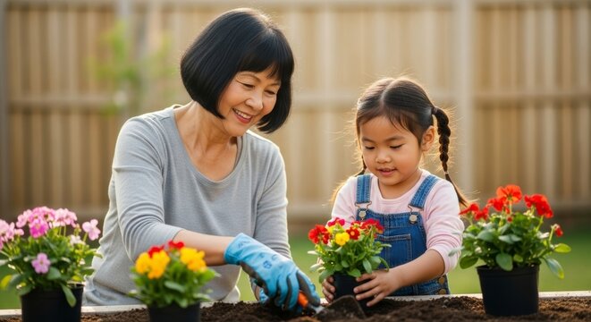 A candid shot of a 65-year-old Asian grandmother with short black hair, happily gardening with her young granddaughter in a vibrant backyard, planting colorful flowers under soft morning light.