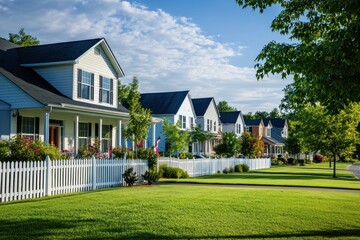 row of residential houses with green lawns and white picket fences