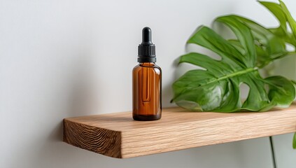 Naklejka premium Amber dropper bottle on wooden shelf, with plant