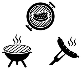 Grill and Barbecue Icon Set Vector Silhouettes of Steak, BBQ Grill, and Sausage with Rising Steam in Black and White