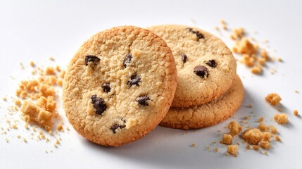 Stack of chocolate chip cookies on a white surface.