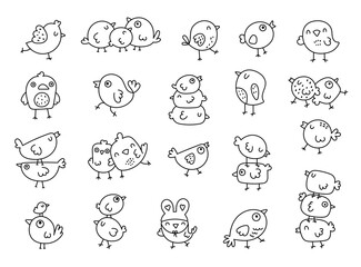 Bird character set in outline line art featuring cute cartoon in various poses, for your cheerful decoration and charming inspired and creative designs projects