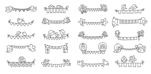 Garland set in outline line art with cute character birds, butterflies, flowers and festive elements for your celebration and charming illustration creative designs projects