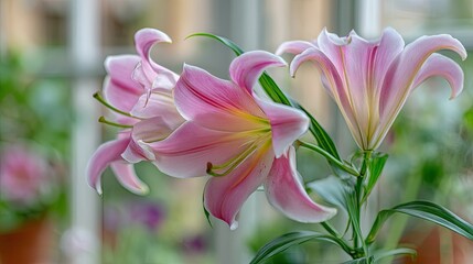 Two delicate pink lilies in soft focus.