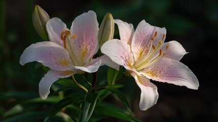 Two delicate, light pink lilies in close-up.
