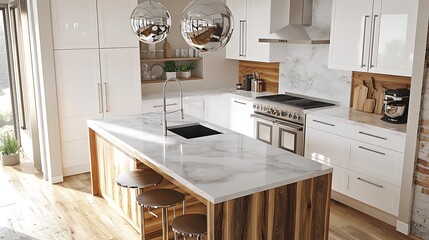 Elegant kitchen featuring high-gloss white cabinetry, smooth cloudy marble counters, hickory wood island with integrated sink, chrome globe pendants above.