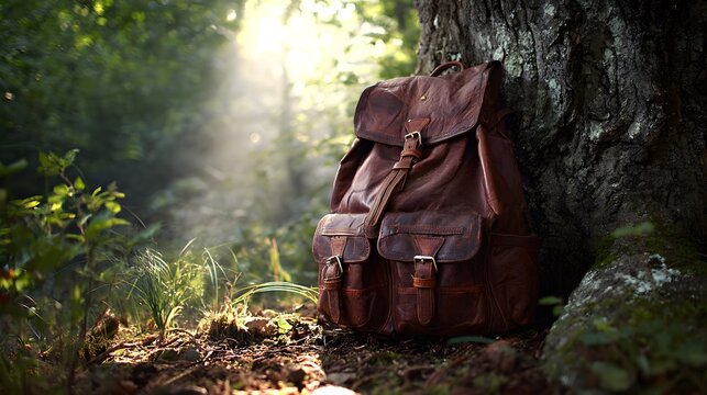 Classic leather backpack leaning against tree trunk forest clearing captured ground level sun ray filtering through dense green foliage natural shadow detailed bark texture high resolution adventure