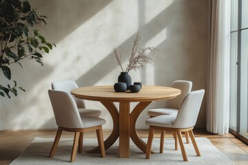 Four chairs arranged around a round wooden dining table, positioned against a beige stucco wall. Japandi minimalist home interior design for a modern dining room, Generative AI