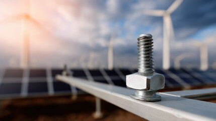 Hybrid energy system concept with metal bolt closeup solar panel and wind turbine in background under cloudy sky