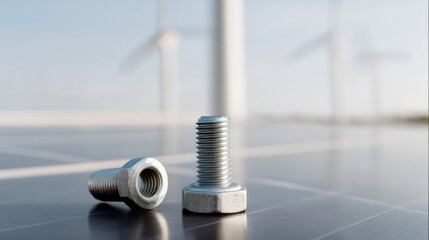Metal bolt and nut on solar panel with wind turbine in background showing hybrid energy system concept