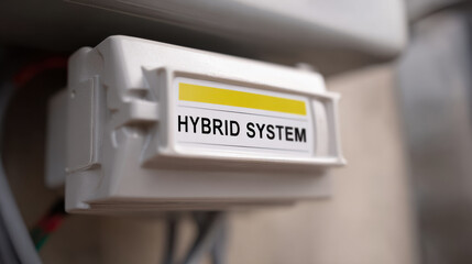Hybrid system label on white electrical component showing energy technology concept for power management