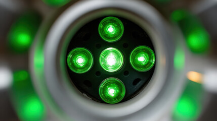 Green light glowing hybrid energy system component showing futuristic and efficient technology design with circular LED arrangement and modern