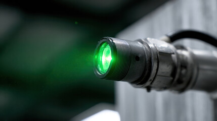Green light emitting from metal industrial device showing hybrid energy system technology in action with futuristic design and glowing effect