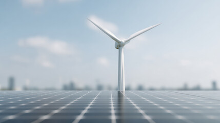 Hybrid energy system concept with solar panel and wind turbine generating clean power under blue sky