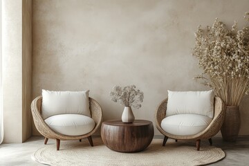 Two chairs placed near an accent coffee table, positioned against a beige stucco wall. Japandi minimalist home interior design for a modern living room, Generative AI