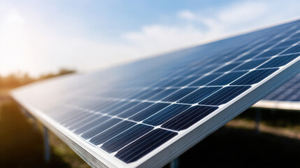 Solar panel close up captures hybrid energy system producing clean power under bright sky with sunlight shining on blue photovoltaic cells