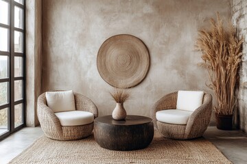 Two chairs placed near an accent coffee table, positioned against a beige stucco wall. Japandi minimalist home interior design for a modern living room, Generative AI