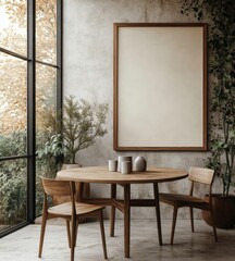 Chair placed at a round wood dining table, positioned against a wall with a large poster frame. Japandi minimalist style home interior design for a modern living room, Generative AI