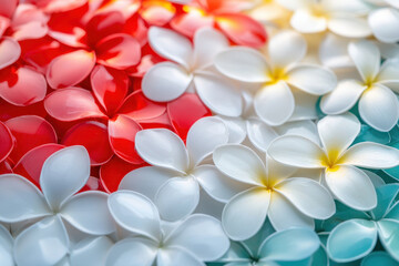 Frangipani flowers in vibrant colors create beautiful mosaic pattern, evoking sense of tranquility and beauty