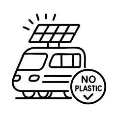 Solar-powered eco train icon with no plastic symbol for green transport awareness