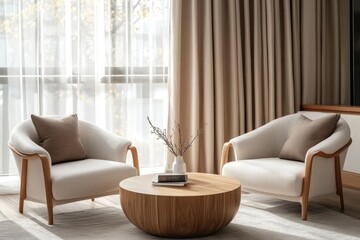 Two lounge chairs and a round wood coffee table placed against a white sofa and a window dressed with beige curtains. Japandi minimalist home interior design for a modern living, Generative AI