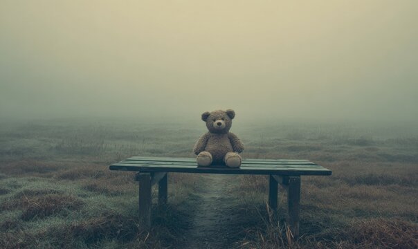 A teddy bear sits alone on a park bench in a misty landscape