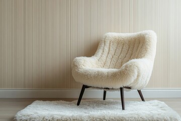 Fur armchair and a fluffy rug placed against a beige striped wall with ample copy space. Minimalist home interior design for a modern living room, Generative AI
