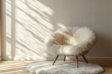 Fur armchair and a fluffy rug placed against a beige striped wall with ample copy space. Minimalist home interior design for a modern living room, Generative AI