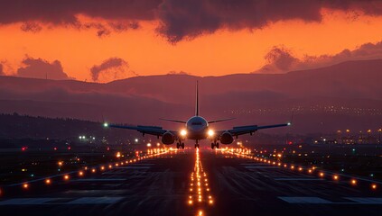 Airplane landing at sunset.  Fiery orange sky above a jetliner touching down