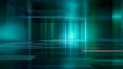 Blue-green gradient studio room, abstract background pattern, walls and floor reflect neon lights, dark tones and feel speed of digital technology connected blue-green background. Future technology.