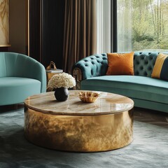 Golden round coffee table with a marble top, placed near turquoise sofas and chairs. Hollywood glam and Art Deco style home interior design for a modern living room, Generative AI